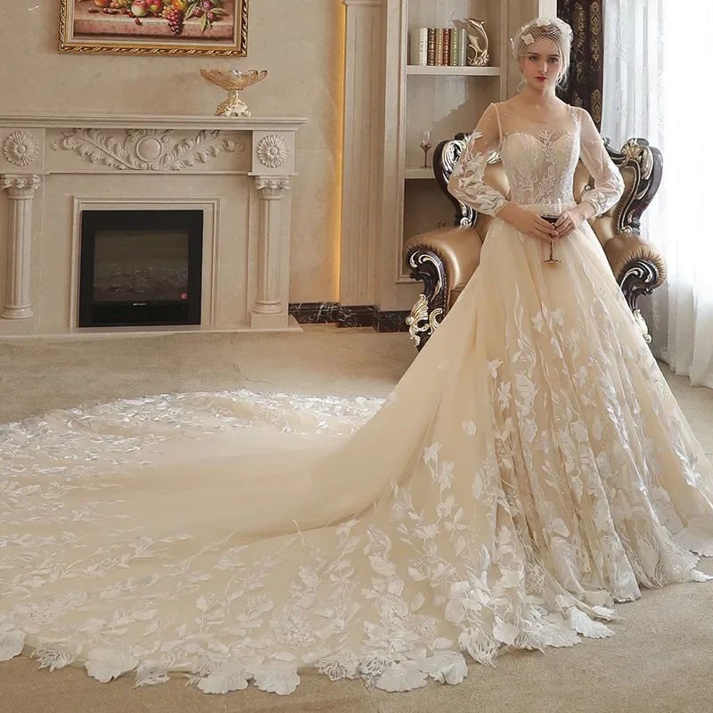 

Custom Luxury Sheer Long Sleeve Ball Gown Wedding Dress 2026 Elegant 3D Floral Lace Bridal Gown Plus Size Vestido De Novia