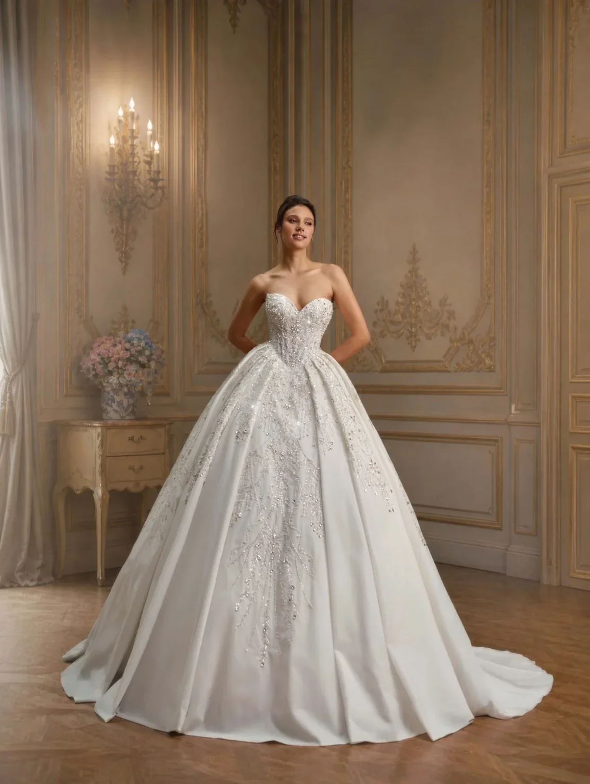 Luxury Strapless Beaded Satin Ball Gown Wedding Dress Sweetheart Corset Bodice Sparkling Appliques Vestido De Novia
