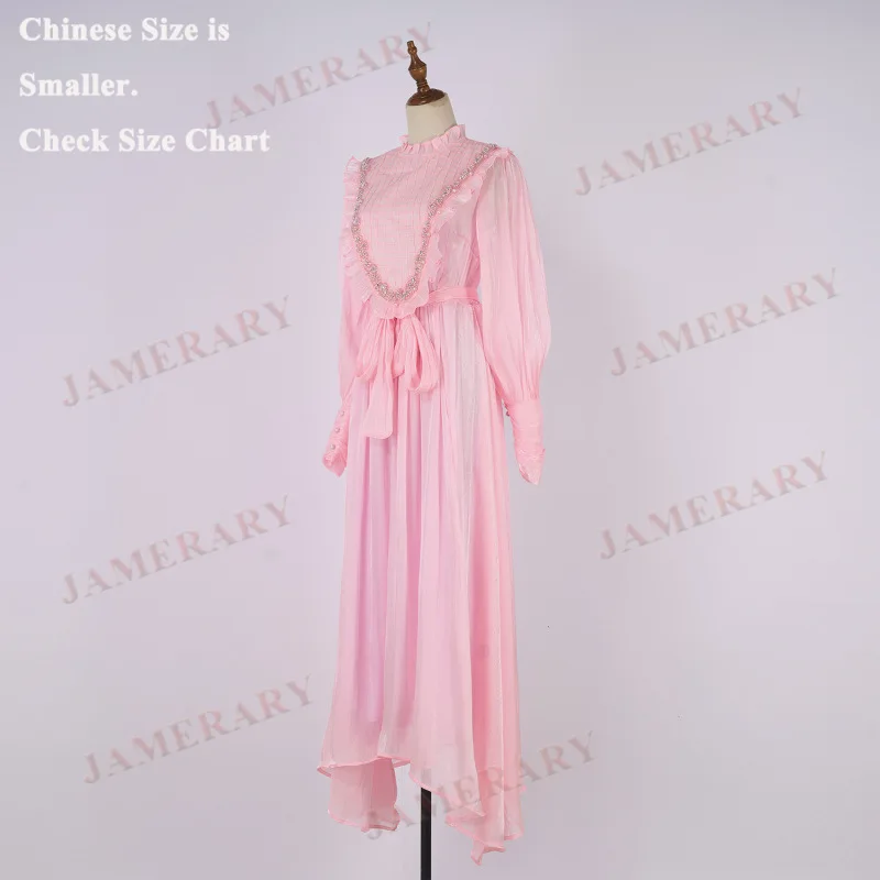 Elegant Autumn Faux Silk Luxury Bead Ruffle Neck Long Sleeve Women Dress Formal Prom Dresses Summer Vestidos