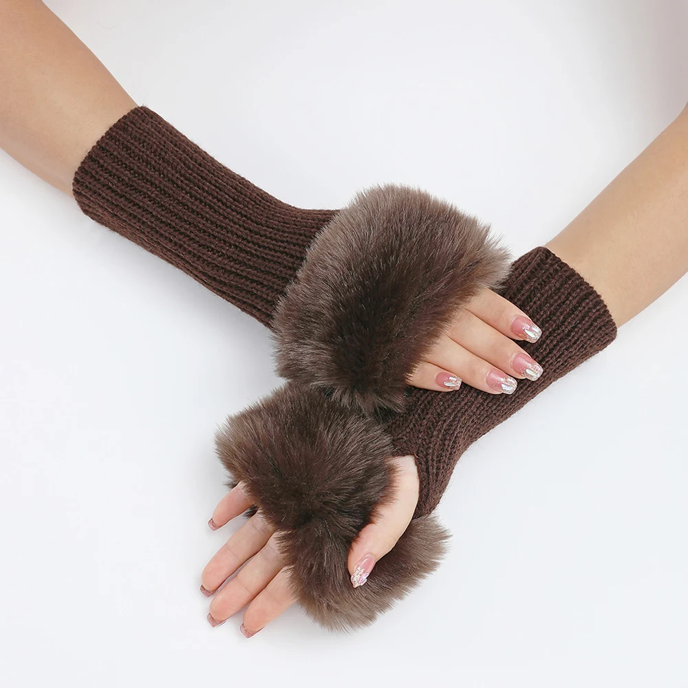 Lady Knitting Faux Fur Arm Sleeves Hand Warmer Half Finger Gloves Autumn Winter Warm Sleeves Fingerless Gloves Outdoor Mittens