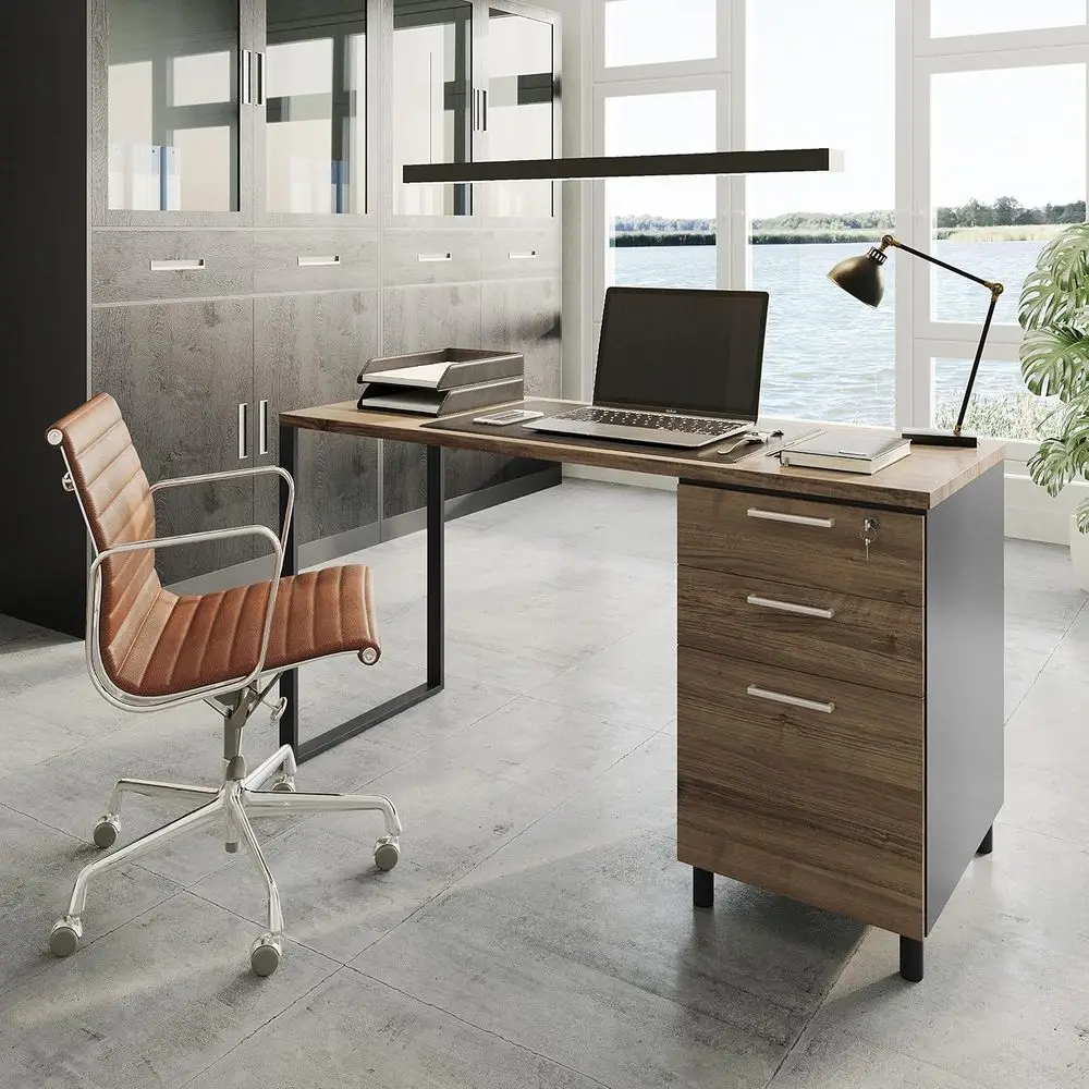 ern Design Milano Oice Computer Desk with 3 Locking Ders, 48 Inch Walnut and Black Industrial Wood Desk with iling Der and Stora