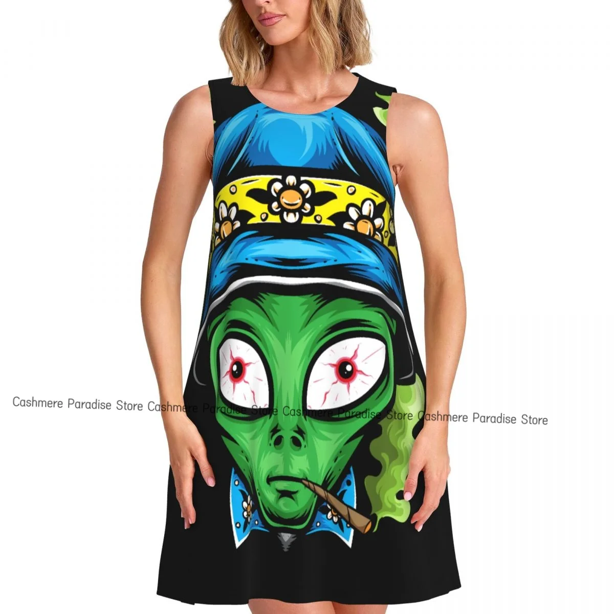 レディースカジュアル膝丈ワンピース エイリアン柄 Oネック ノースリーブワンピース