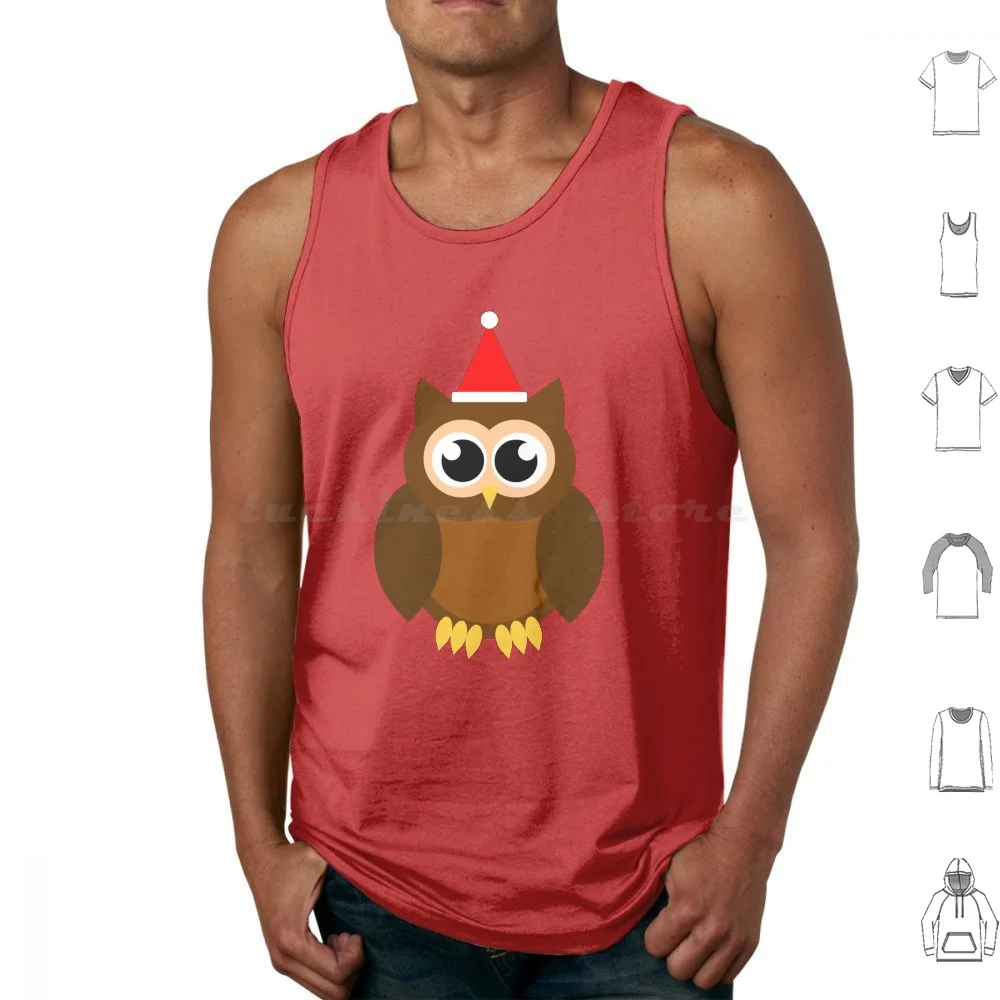 A Very Hooty Christmas ( No Text ) Tank Tops Print Cotton Christmas Owl Cute Hoo Hat Brown Orange Red White Fun Cool Geek