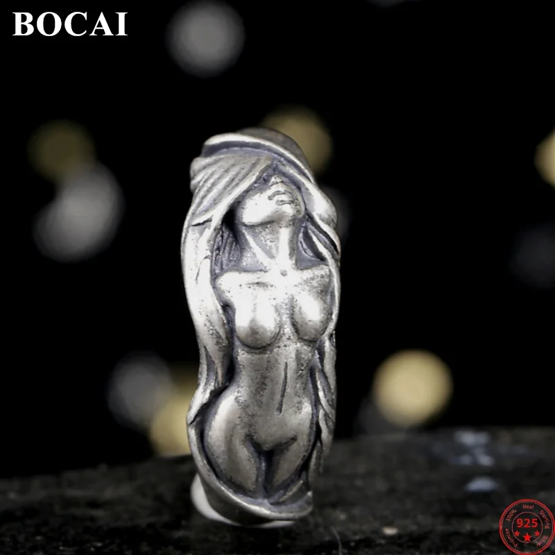 BOCAI S925 Sterling Silver Charms Rings for Men Women Retro Emboss Portrait of a Art Lady New Fashion Punk Jewelry Wholesale