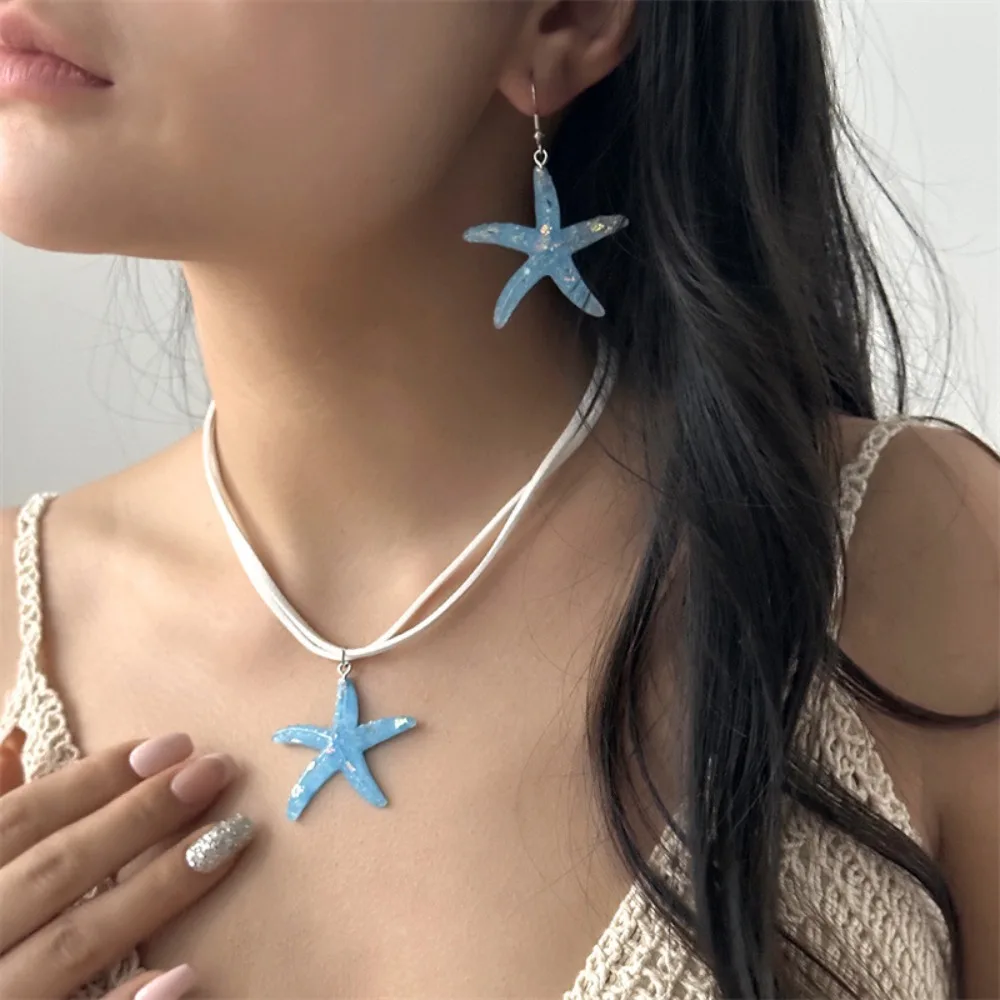

Blue Glitter Starfish Jewelry Set, White Double Layer Rope Choker Necklace + Drop Earrings Boho Beach Summer Jewelry