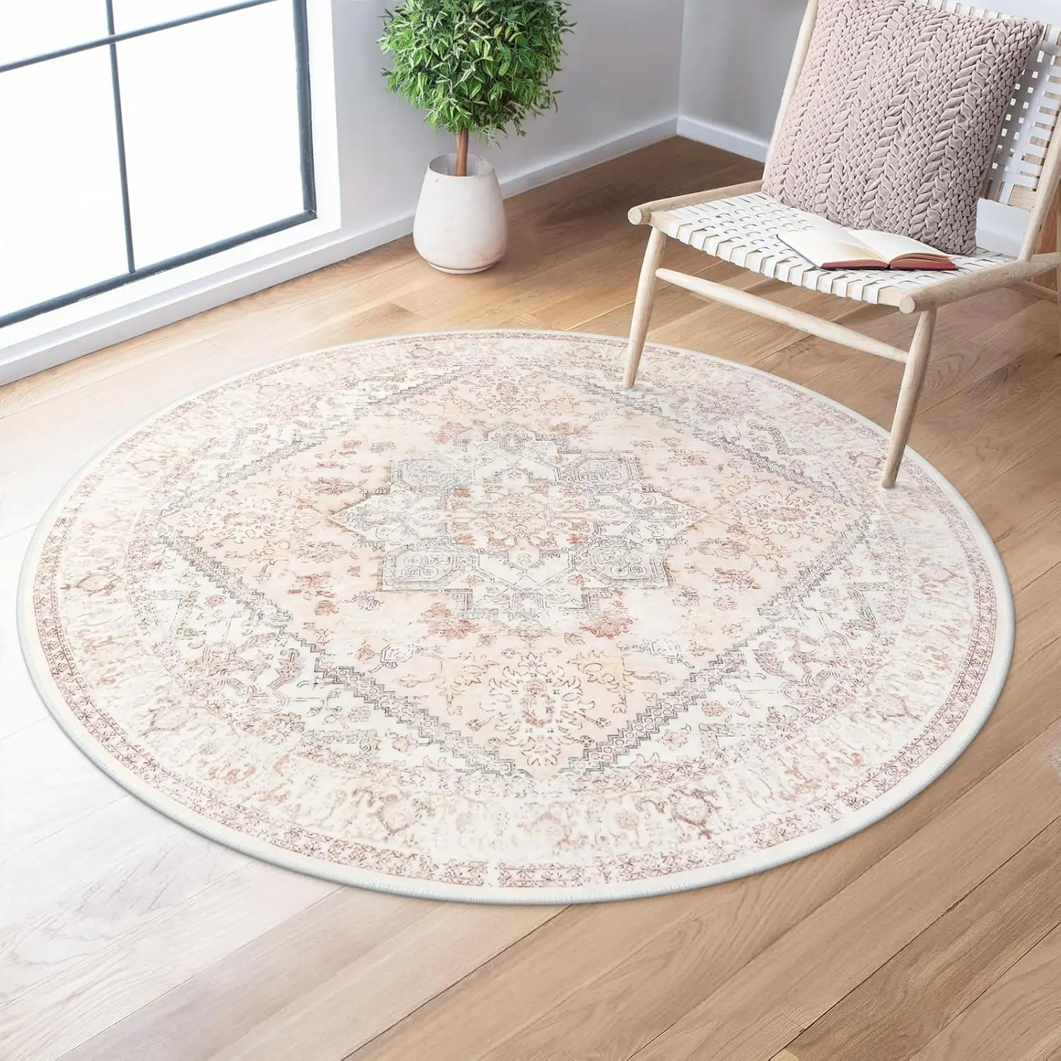 Round Retro Geometric Pattern Elegant Carpet Mat Home Decoration Beige Pink Durable Soft Anti Slip Mat Living Room Rug