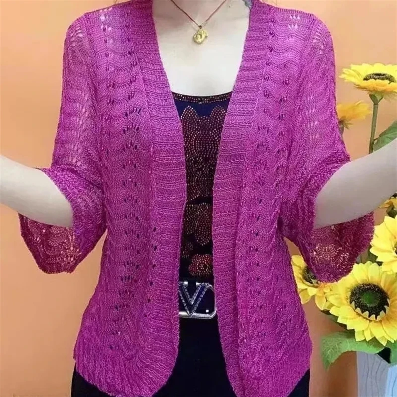 2023 Spring Summer New Ice Silk Knit Cardigan Women Coats Middle-Aged Mothers Solid Color Shawl Hollow Sunscreen Coat Female Top