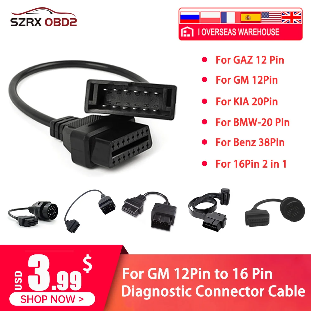 for GM 12 Pin Auto Diagnostic Connector OBD2 Cable for GM OBDII Connector for GM12 to 16 Pin Cable For GAZ 12Pin  For KIA 20Pin