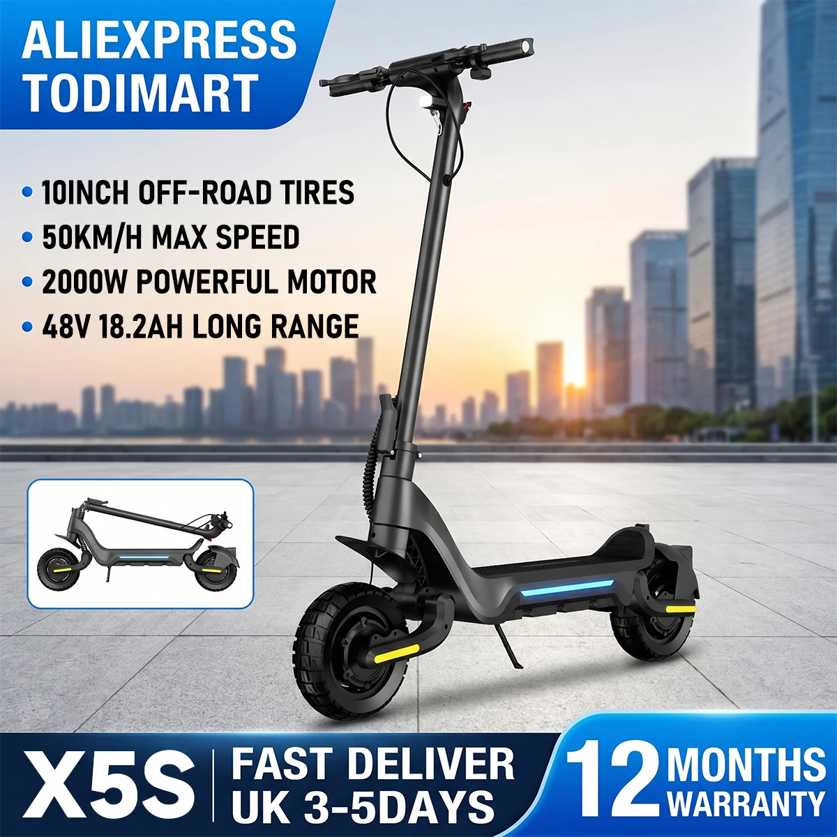 Trottinette Électrique Adulte TODIMART X5S, Double Moteur 2000W, Batterie 48V 18.2Ah, Pneus Tout-Terrain, Déverrouillage Intelligent APP