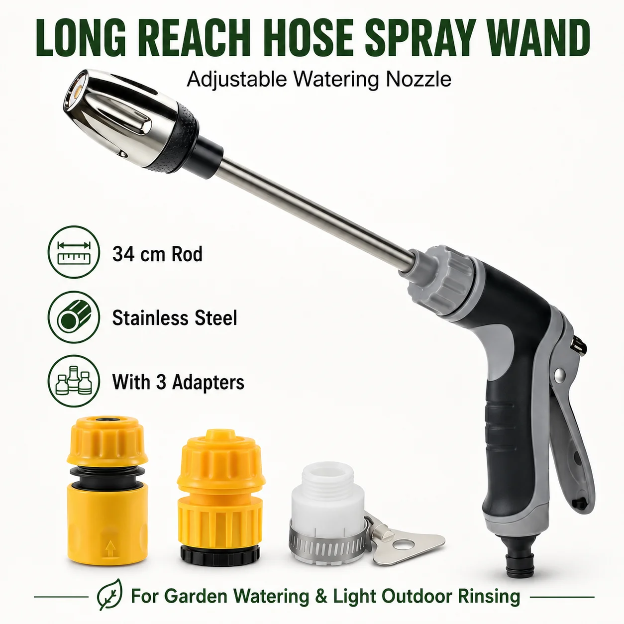 Long Reach Garden Hose Spray Wand Adjustable Watering Nozzle 34cm Stainless Steel Rod Outdoor Plant Watering Tool with Adapters