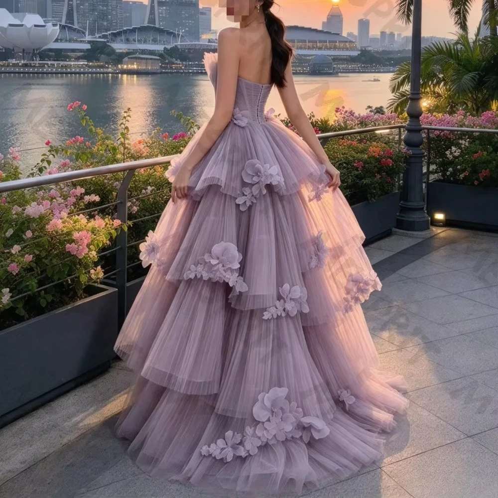 Customized Strapless Chiffon Floral Evening Gown 2026 Sleeveless Purple Layered Floor Length Ball Dress Suitable for Banquets