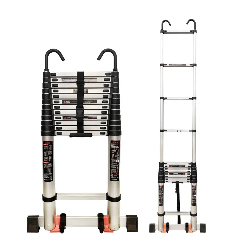 5-8 Meter Telescopic Ladder  Heavy-duty Aluminum Alloy Rooftop Telescopic Ladder Portable Attic Ladder with Hooks 150KG Capacity