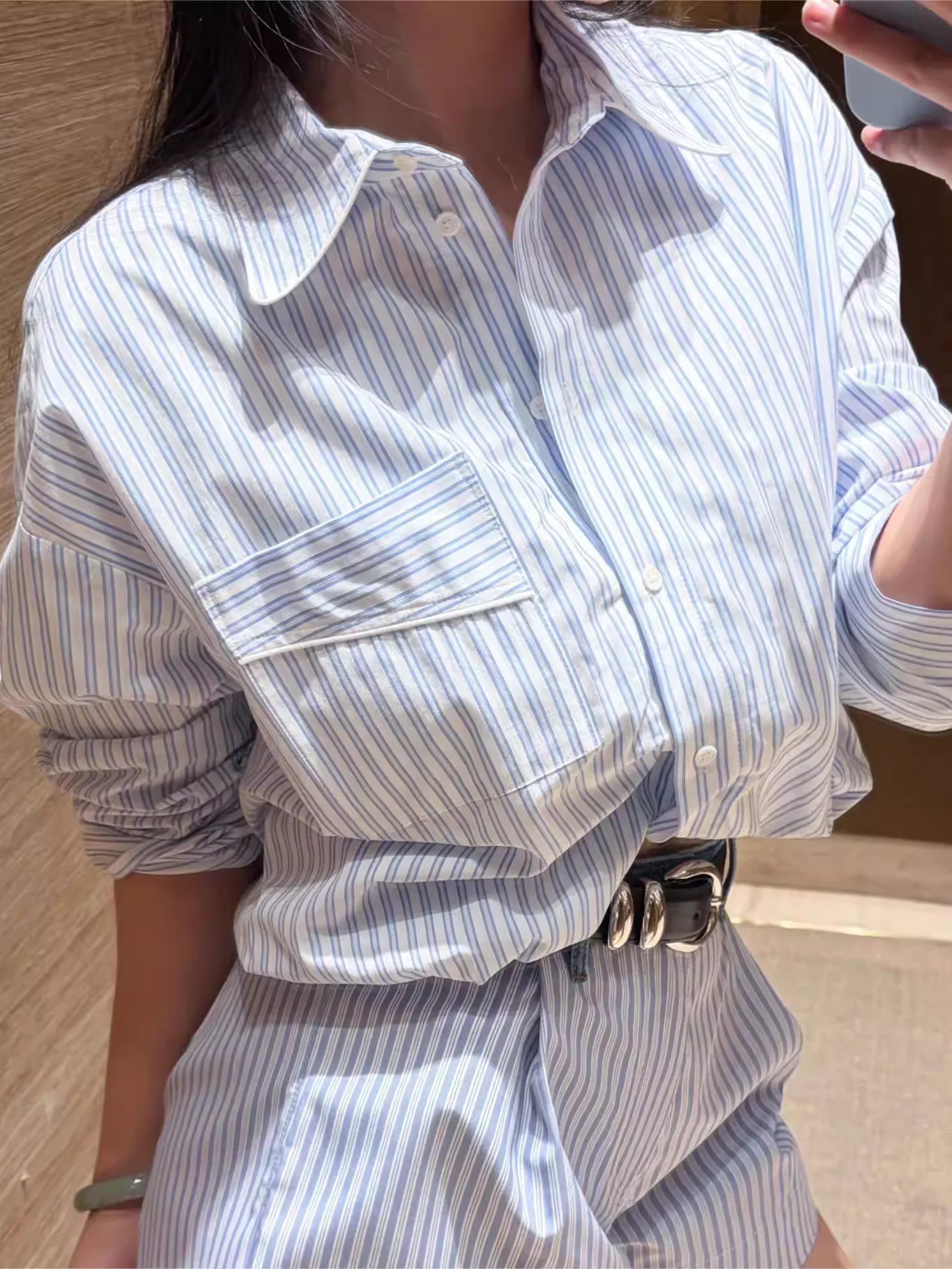 

Женская сине-белая полосатая рубашка с длинным рукавом, отложным воротником, на одной пуговице, повседневная блузка-топ