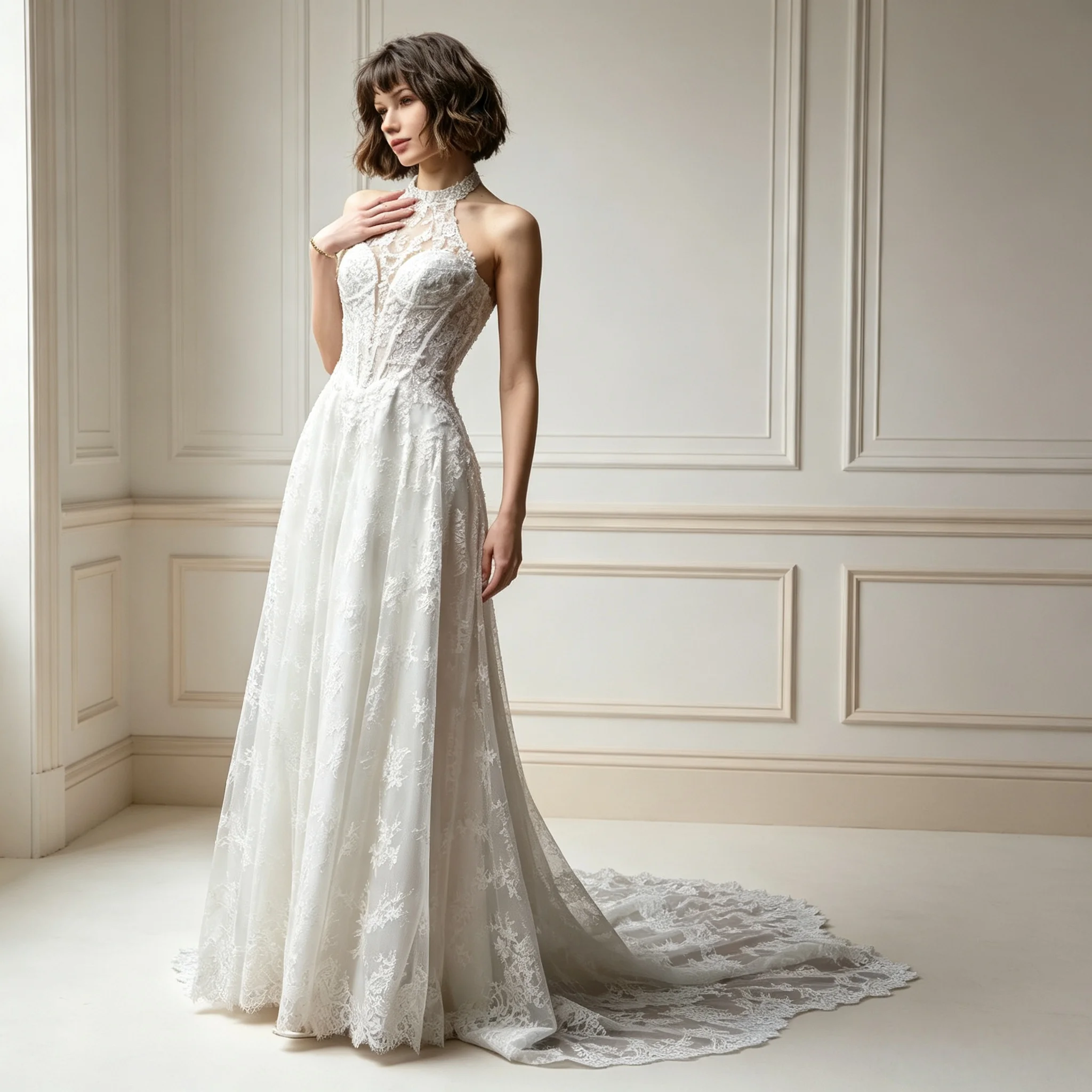 High Neck  Lace Lace A-Line Wedding Dress Open Low Back With Corset Sleeveless Made Of Tulle Elegant Classic Customizable 2026