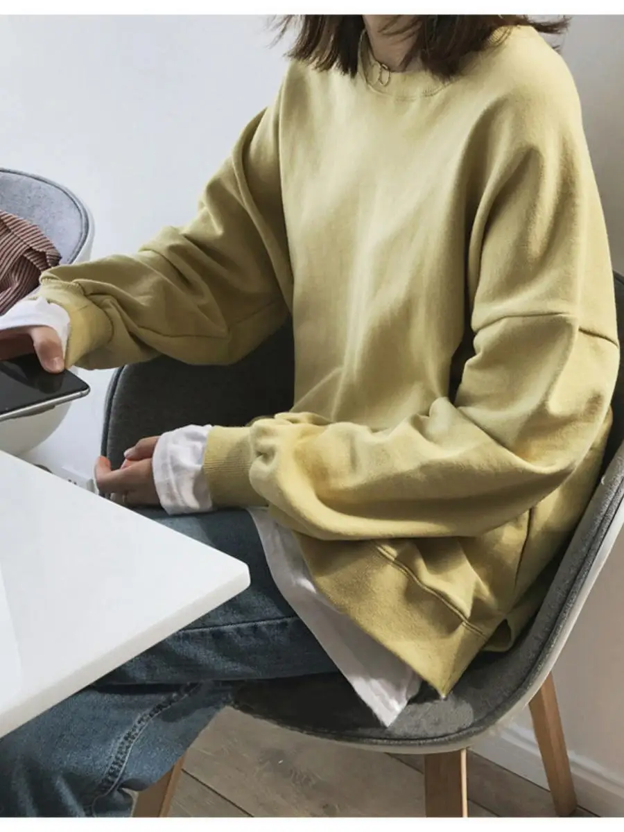 

Женская толстовка с капюшоном на флисовой подкладке средней длины, новинка 2023 года, осенне-зимняя корейская свободная толстовка в стиле Harajuku для студентов