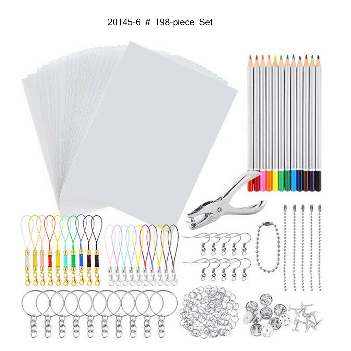 33/145/198PCS Disegno fai da te Rifornimento d\'arte Shrinky Art Paper Heat Shrink Sheet Kit di plastica Perforatrice Portachiavi Matite