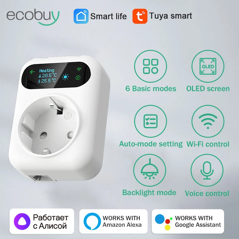 WiFi Tuya Socket Thermostat Outlet Plug Wireless Smart Socket Temperature Controller Timer Switch Cooling Heating Alexa Google