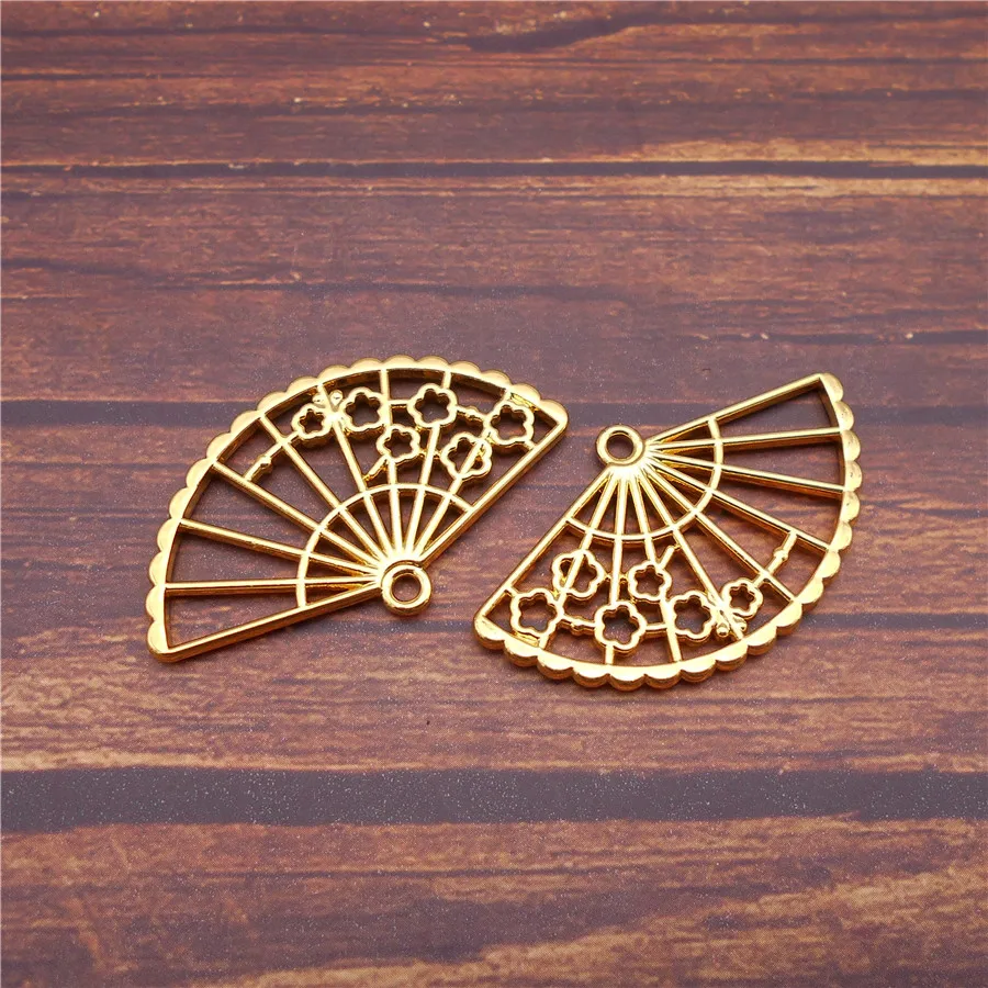 Julie Wang 4PCS Alloy Hollow Fan Shape Charms Gold Color Cherry Blossom For Resin Crafts Open Bezel Frame Mold Epoxy Accessory