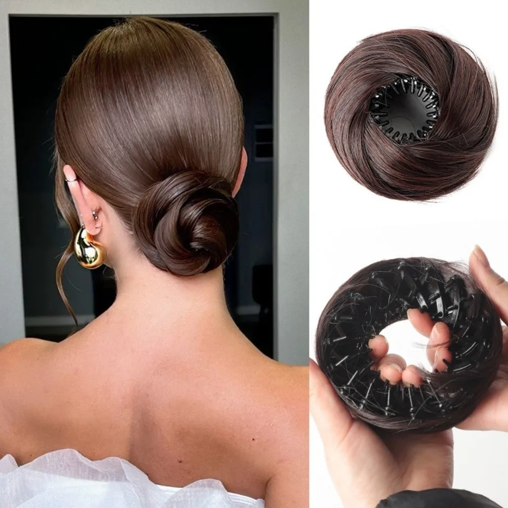 Synthetic Hair Clip in Hair Bun Straight Texture Messy Hair Bun Extensions Circle Elastic Clips Mini Bird's Nest Shaped Bun