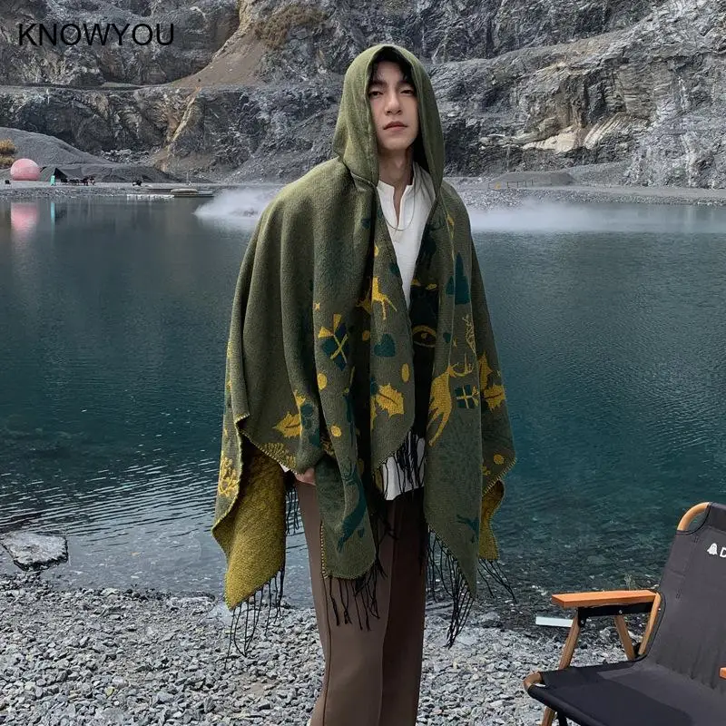 Hooded Capes for Men Christmas Deerlet Gift Poncho Men Warm Cashmere Blend Shawl Tassels Jacket Casual Outwear Pashmina