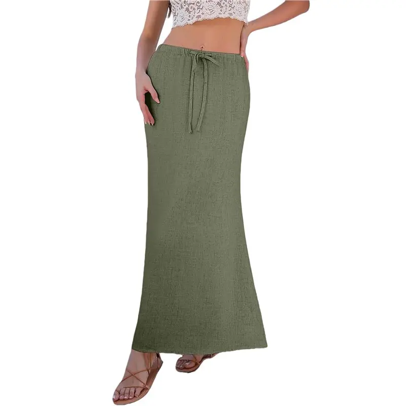 Linen Flared Maxi Skirt With Back Slit - Elastic Waist Drawstring Long Flowy Ankle-Length Skirt Green XL-A74P