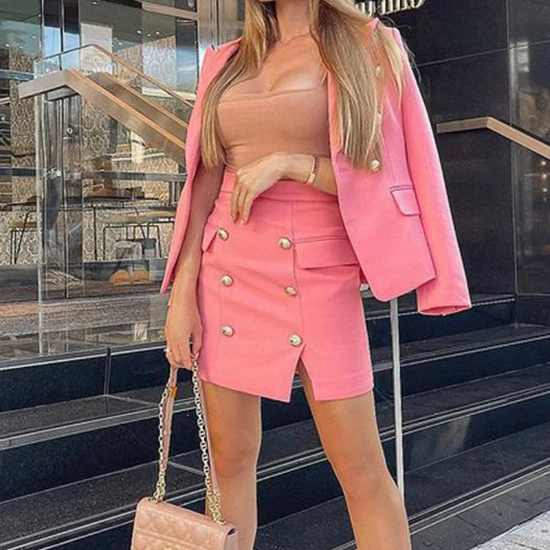 Autumn Blazer Suits 2 Pieces Women Long Sleeve Coat + High Waist Mini Skirt Clothes Streetwear Pink Two Piece Sets