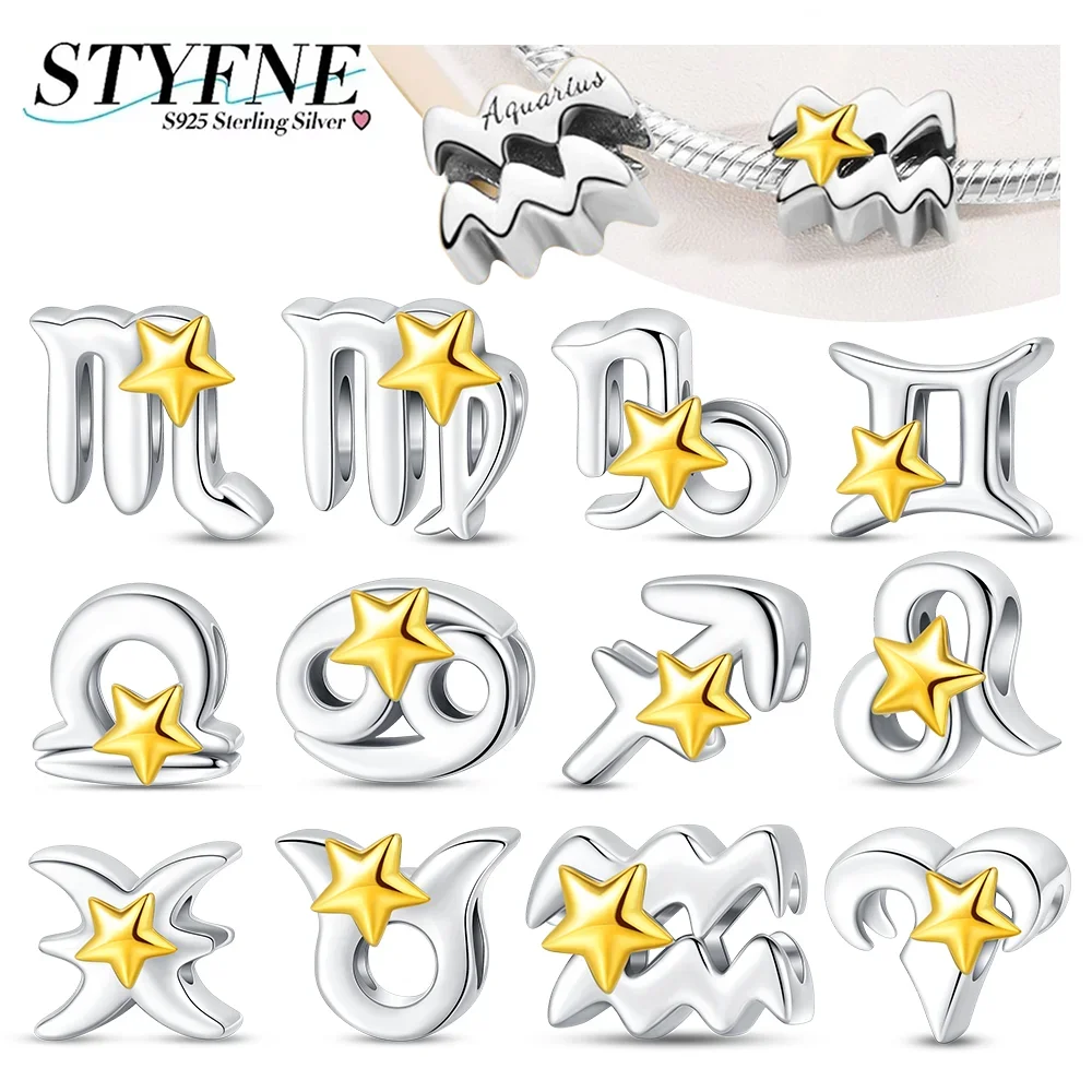 

925 Sterling Silver Star Twelve Constellations Beaded Gemini Leo Virgo Beads Charms Bracelet DIY Fine Jewelry Making