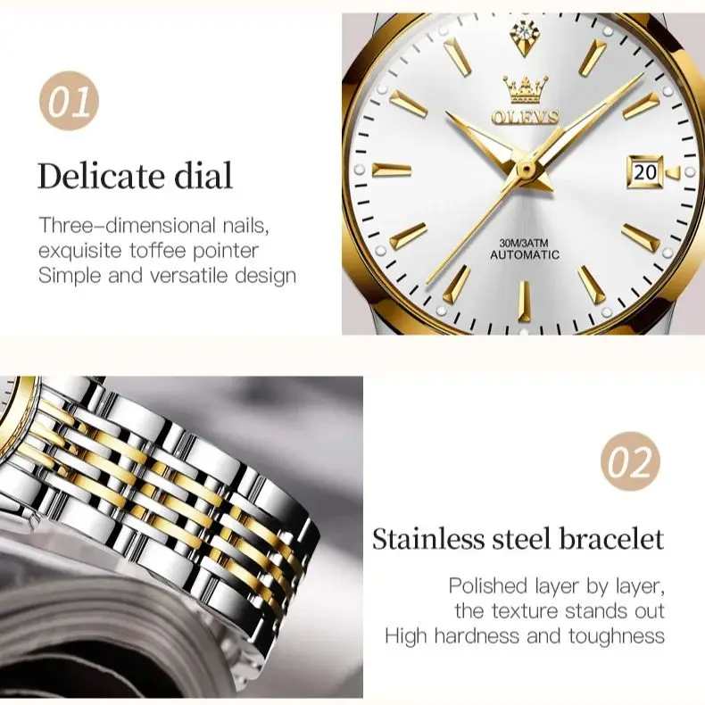 OLEVS Automatic Watch for Women Calendar Display Stainless steel Original Luxury Brand Ladies Wristwatch Bracelet Set Gift