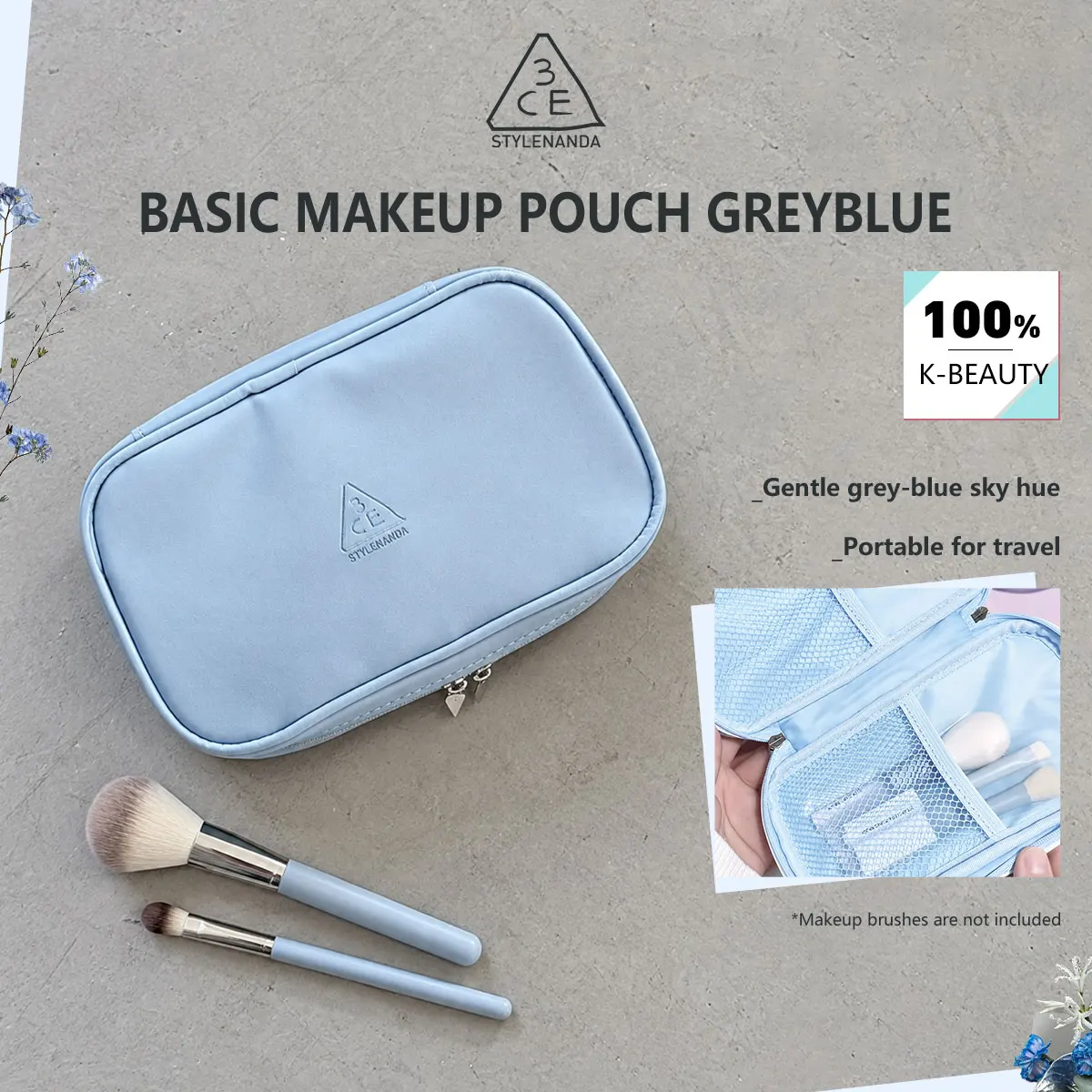 3CE Basic Makeup Pouch GreyBlue,Lightweight & Flexible Material,Soft Pouch Body,Easy Clean Fabric,Korean Cosmetic,Korean Makeup