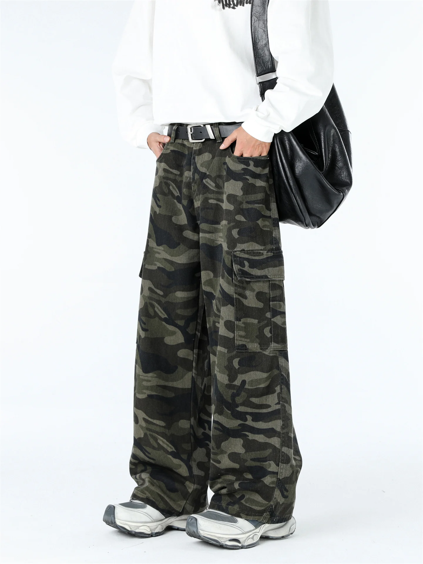 

Retro American Wide Leg Knife Workwear Pants Men's Trendy Brand Heavy Wash Straight Tube Camouflage Denim Long Trousers