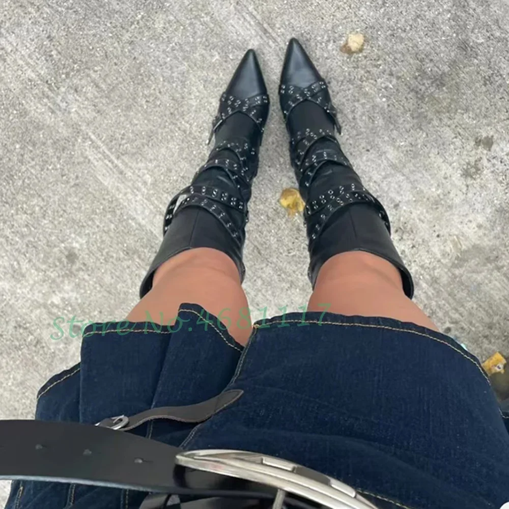 Cross Belt Buckle High Heels Boots Women Pointy Toe Sexy Rivets Knee High Boots Casual Outfit Street Style Cool Girl\'s Shoes