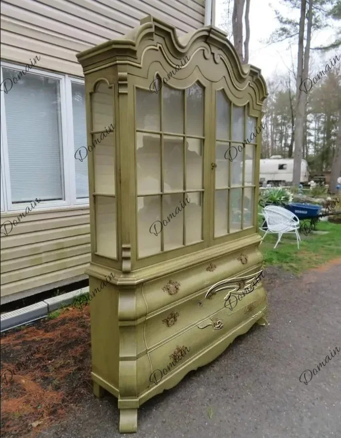 American-style two-door wine cabinet, solid wood carved dining edge, French villa multi-story bookshelf display cabinet for