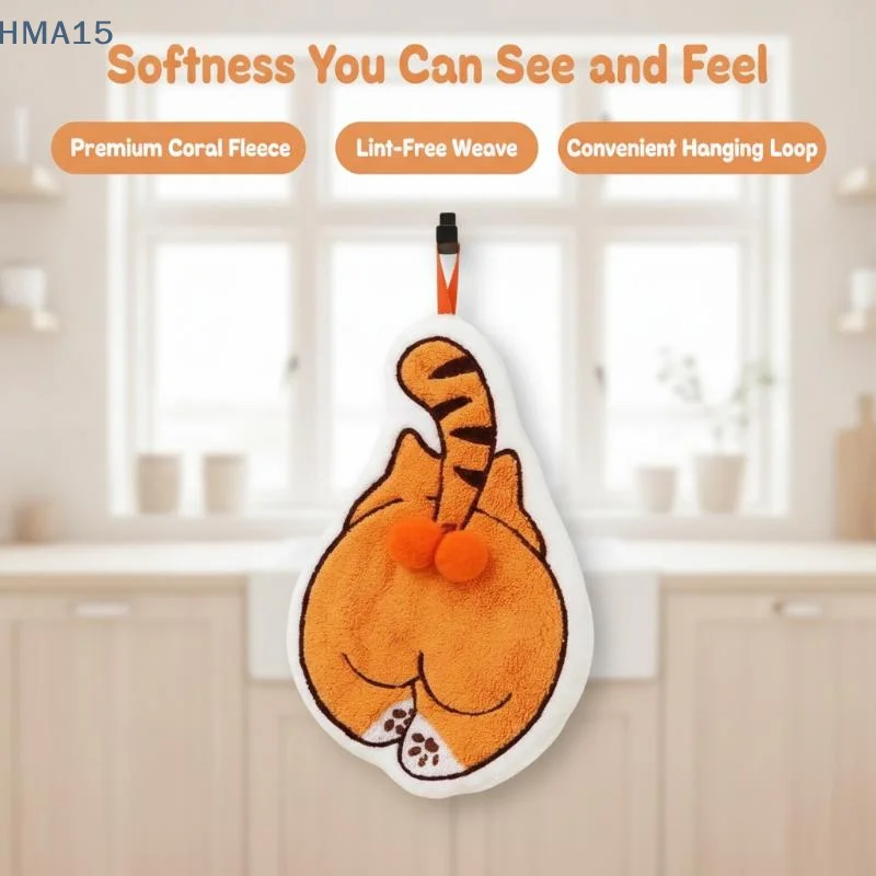 【YA】Novelty Cat Butt Hand Towel Ultra Soft Absorbent Coral Fleece for Kitchen Dish Washing Bathroom Hand Drying