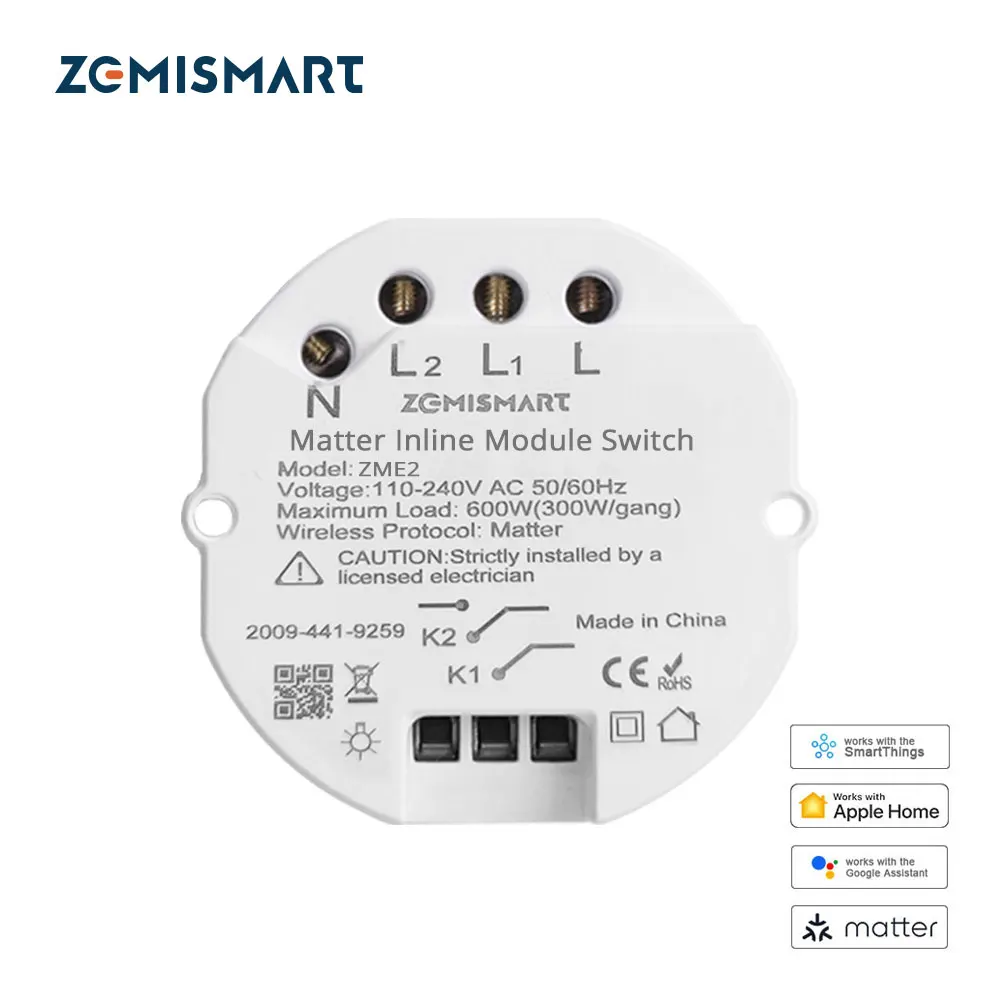 Интеллектуальный встроенный модульный переключатель Zemismart с Wi-Fi, двухканальный релейный выключатель, поддержка Homekit, Google Home, управление через приложение Smartthings