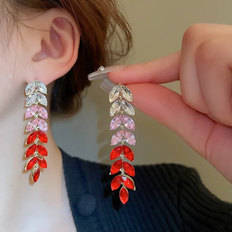 Fashion Purple Red Green Yellow Crystal Drop Earrings Leaf Dangle Earrings for Women Party Wedding Jewelry