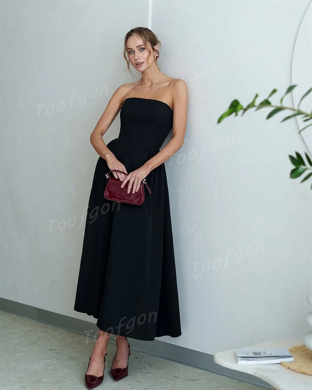Toofgon بدون حمالات أسود على شكل حرف A فساتين لحضور الحفلات الموسيقية من الساتان غير اللامع ثنيات رسمية للحفلات الراقصة للنساء الكاحل مناسبة خاصة حسب الطلب