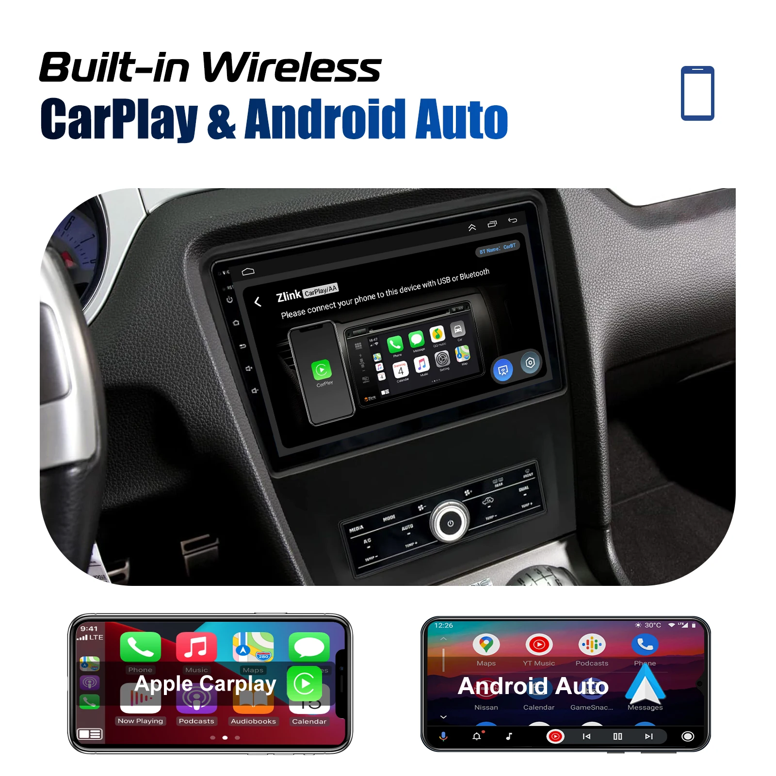 ESSGOO 10.1 "أندرويد 14 راديو ستيريو للسيارة لفورد موستانج 2010-2014 Carplay/أندرويد شاشة لمس تلقائية GPS Nav BT FM USB SWC