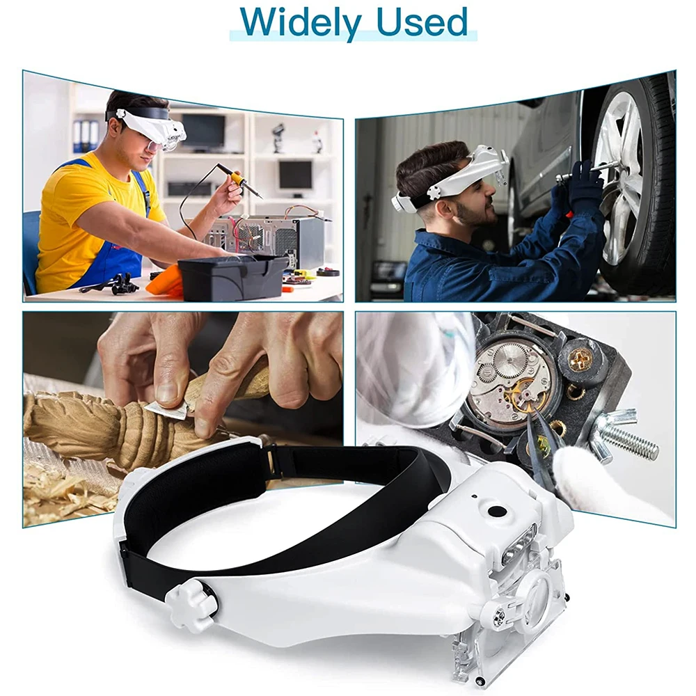 TKDMR 3LED Headband Magnifier Hands Free Battery Magnifying Glasses for Jewelry Loupe Watch Electronic Repair 1.5x2x8x Lens