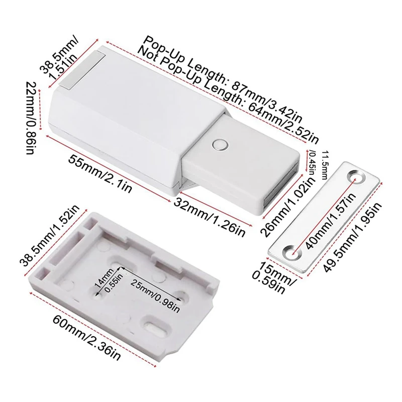 Trava e trava resistentes de 2 pacotes para travas de toque de porta e ponta de tração de gaveta de liberação magnética, branco durável