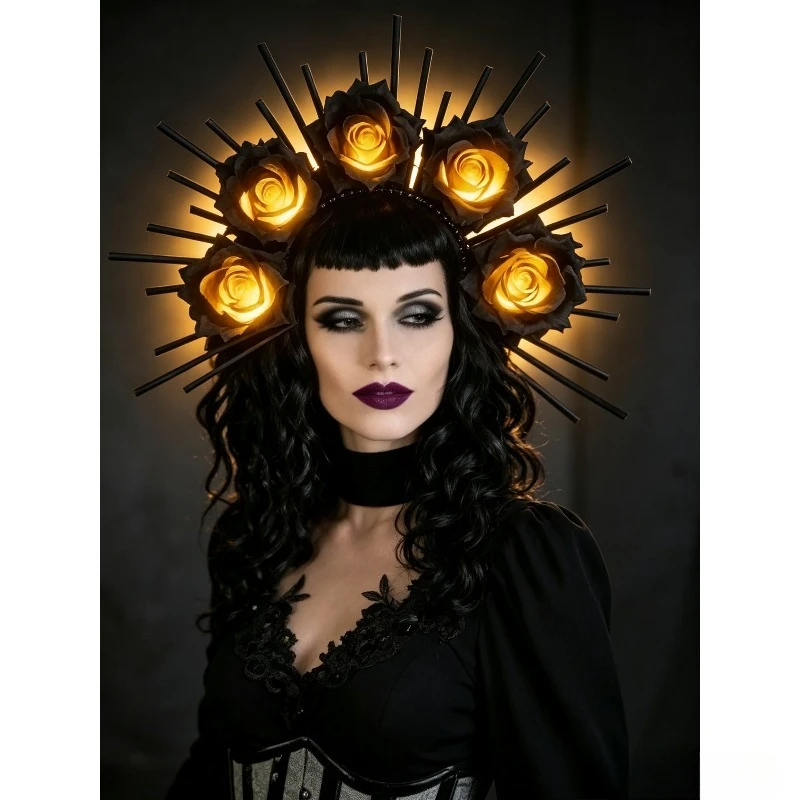 LED Gothic Black Roses Glow in the Dark Headband – Day of the Dead Sun Halo Crown for Women, Punk Vampire Halloween Accessory