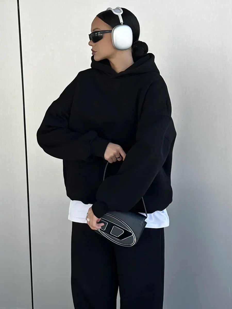 Wolfeel Solid Color Hoodies Pants 2-Pieces Sets Winter Thicken Fleece Women\'s Sweatshirt Oversized Fashion Warm Pullovers Sets