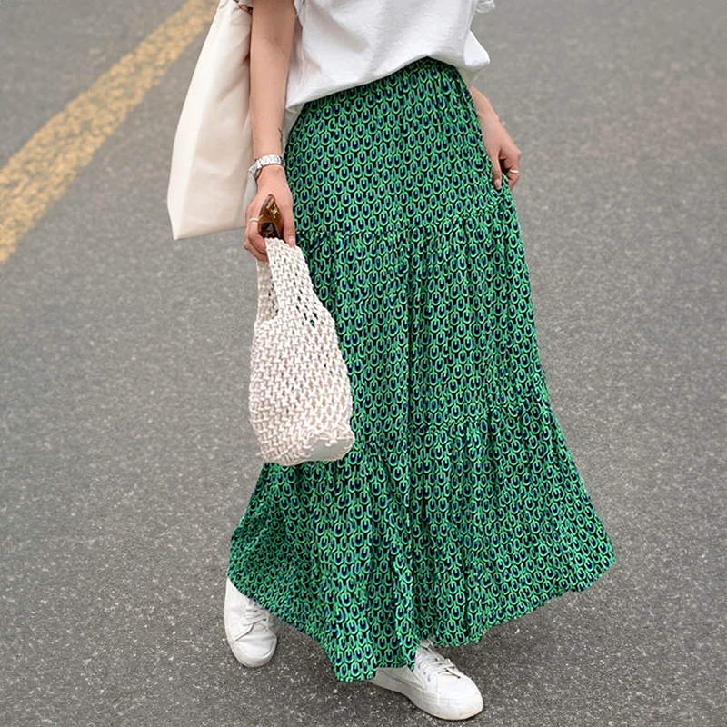 Print Maxi Skirt Women's Green Chain Elastic Waist Tiered Flared Long Skirt Spring Summer Boho Vacation Beach Outfit