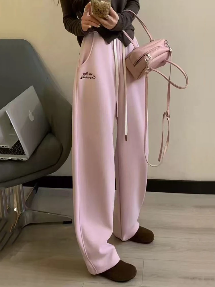 

Широкие брюки с вышивкой милого щенка, женские зимние уличные брюки с высокой талией, свободные брюки Scimitar Y2K, универсальные прямые брюки