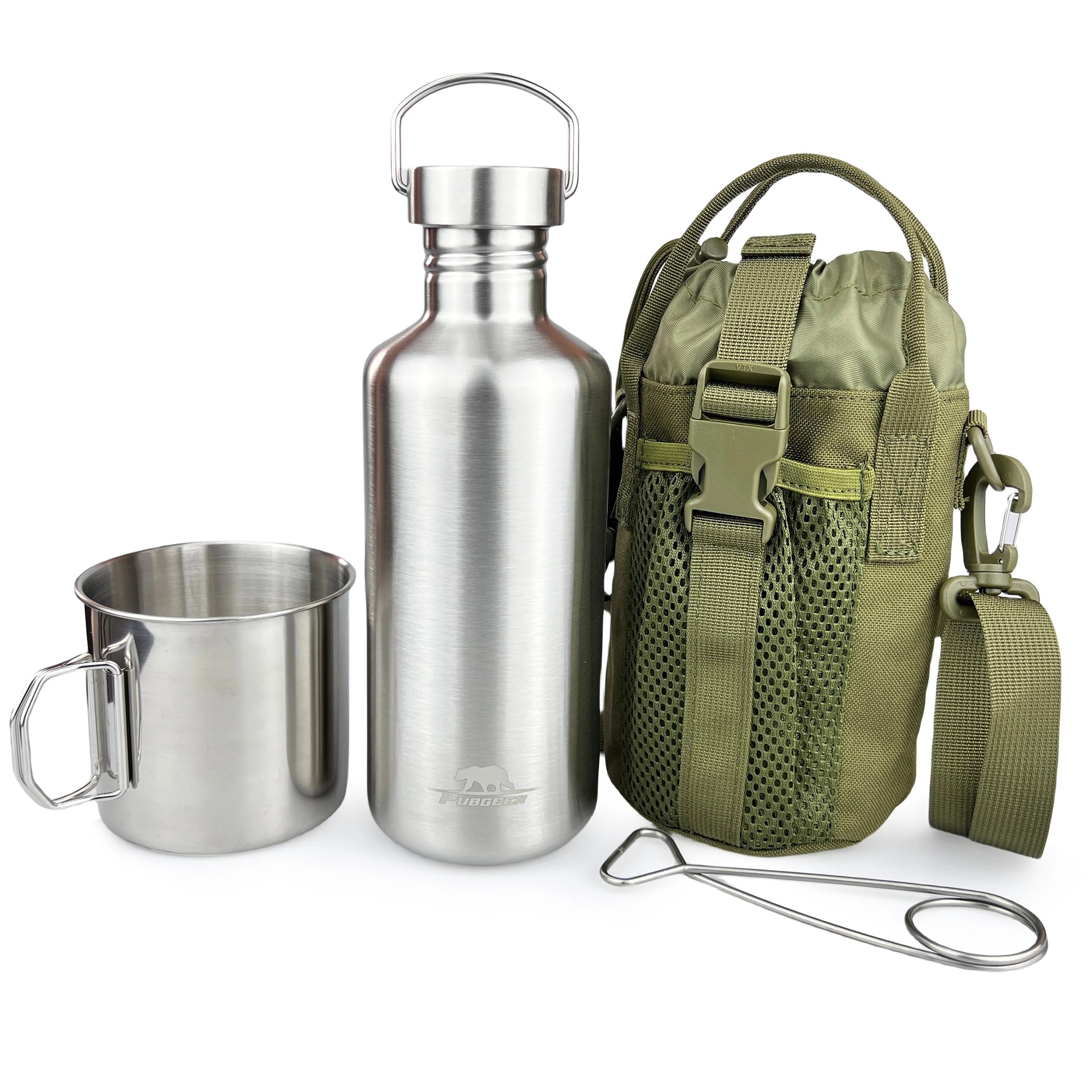 1200ml Single Wall Water Bottle with 700ml Nested Camping Cup and Carrier Bag, Stainless Steel, Bushcraft Gear, Boiler, Camping