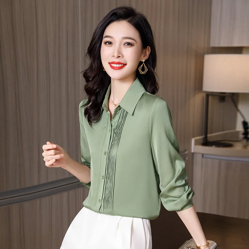 Birdtree 91.8% Silk 8.2% Spandex Solid Elegant Women's Shirt Long Sleeve Office Lady Casual Blouses 2023 Autumn New T30801QC