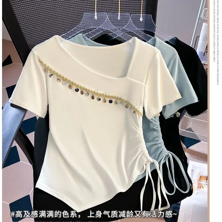 

Womens Tassel Sequin Design Irregular Short-sleeved T-shirt Women's Summer New Temperament Slim Drawstring Short Top