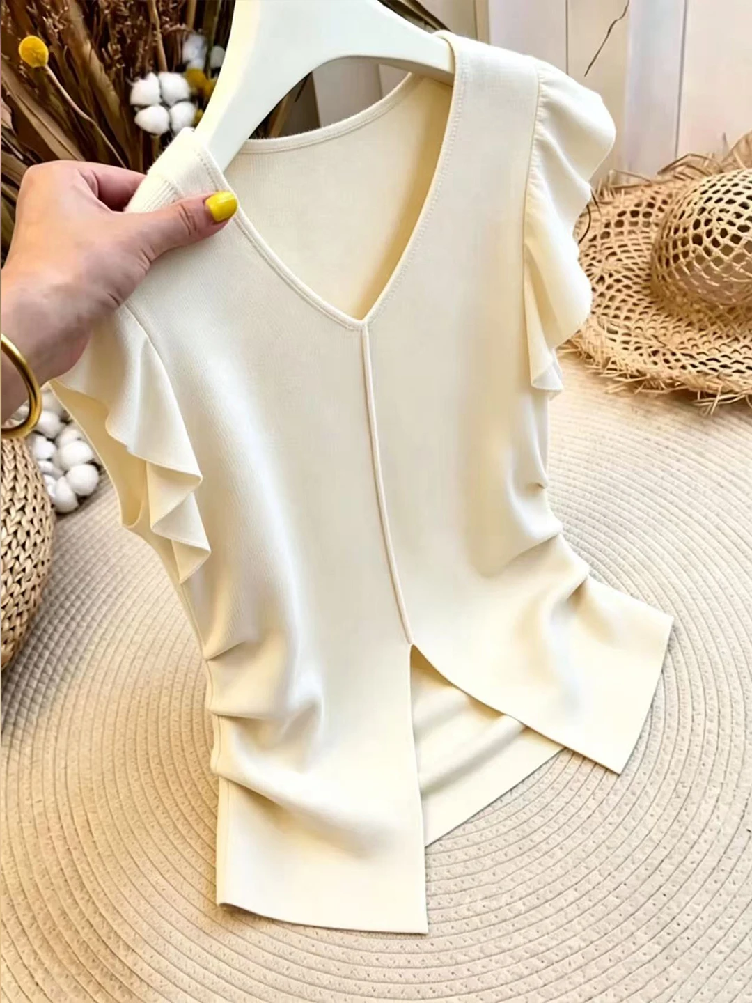 

Comfortable Soft Color Simple Fly Sleeve T-Shirt V-Neck Women's Top Korean Style Straight Cut Short Sleeve Summer New