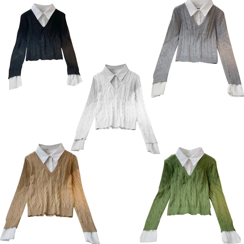 

Womens Long Sleeve Contrast Collar Shirts Trendy Casual Patchwork Tunics Tops