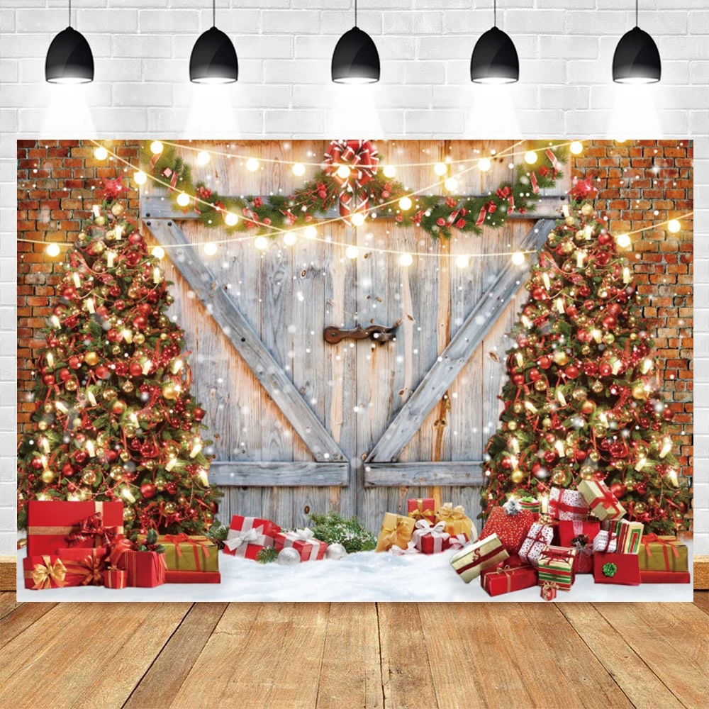 Christmas Backdrop Christmas Barn Wood Door Photography Backdrop Xmas Tree Snow Gift Party Photo Background Family Holiday Decor