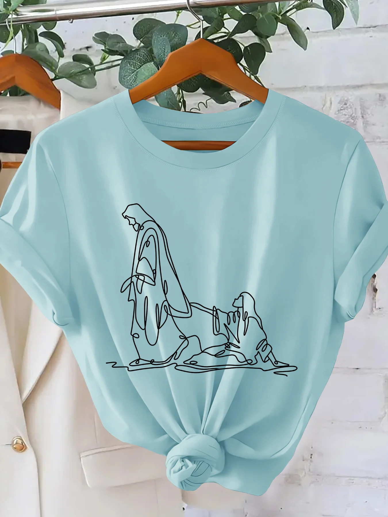 Minimalist One Stroke Jesus Zen Style Simple Round Neck Short Sleeved Retro Elegant Party Women's Clothing Vacation  Clothing